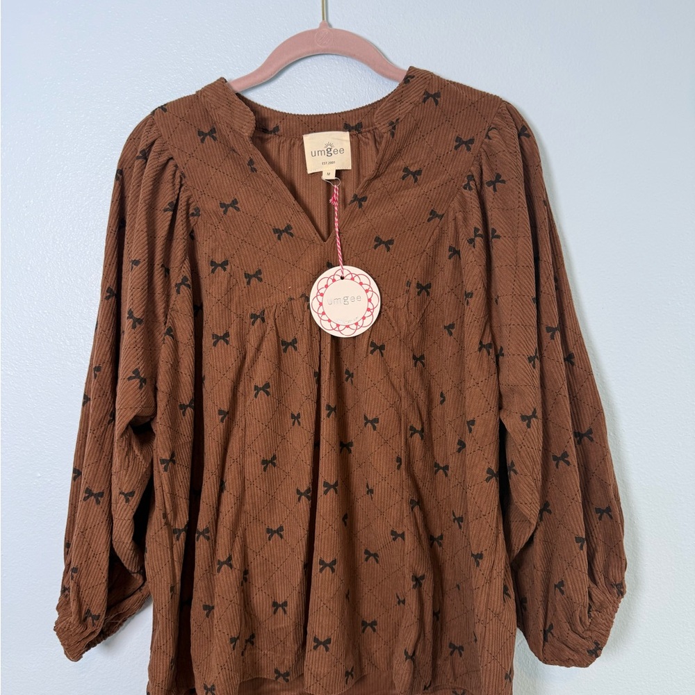 Umgee Soft Brown Bow-Print Peasant Blouse - Picture 1 of 6